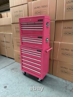 Coffre à outils à roulettes en acier 16 tiroirs rose 3 pièces Us Pro Tools