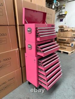 Coffre à outils à roulettes en acier 16 tiroirs rose 3 pièces Us Pro Tools