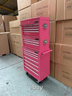 Coffre à outils à roulettes en acier 16 tiroirs rose 3 pièces Us Pro Tools