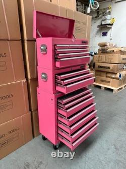 Coffre à outils à roulettes en acier 16 tiroirs rose 3 pièces Us Pro Tools