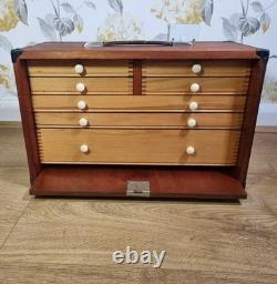 Coffre à outils d’ingénieur vintage en bois Buck & Hickman à 7 tiroirs avec clé, vers les années 1960