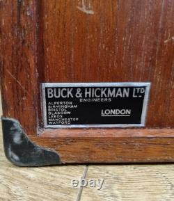 Coffre à outils d’ingénieur vintage en bois Buck & Hickman à 7 tiroirs avec clé, vers les années 1960