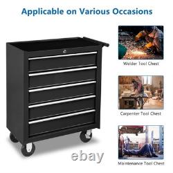 Coffre à outils en acier à 5 tiroirs, armoire de rangement d'outils verrouillable avec roulettes, noir, Royaume-Uni