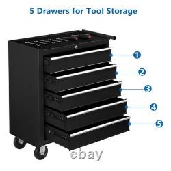 Coffre à outils en acier à 5 tiroirs, armoire de rangement verrouillable avec roulettes, noir, Royaume-Uni