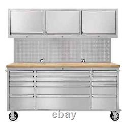 Coffre à outils en acier inoxydable 72? pour garage avec armoires supérieures et 15 tiroirs Coffre à outils en acier inoxydable 72? pour garage avec armoires supérieures et 15 tiroirs