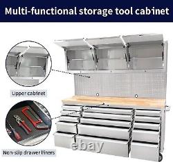 Coffre à outils en acier inoxydable 72? pour garage avec armoires supérieures et 15 tiroirs