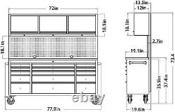 Coffre à outils en acier inoxydable 72? pour garage avec armoires supérieures et 15 tiroirs