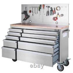 Coffre à outils en acier inoxydable avec 10 tiroirs et panneau perforé