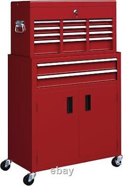 Coffre à outils en métal portable avec roulettes, dessus rouge, 6 tiroirs, garage, atelier