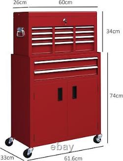 Coffre à outils en métal portable avec roulettes, dessus rouge, 6 tiroirs, garage, atelier