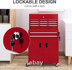 Coffre à outils en métal portable avec roulettes, dessus rouge, 6 tiroirs, garage, atelier