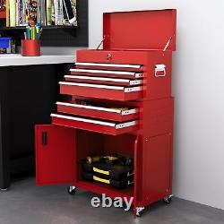 Coffre à outils en métal portable avec roulettes, dessus rouge, 6 tiroirs, garage, atelier
