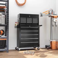 Coffre à outils et cabinet sur roues avec 14 tiroirs en acier verrouillable pour garage, noir