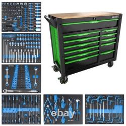 Coffre à outils roulant DSD Tools à 12 tiroirs avec boîte d’armoire et outils, vert/noir