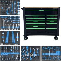 Coffre à outils roulant DSD Tools à 12 tiroirs avec boîte d’armoire et outils, vert/noir