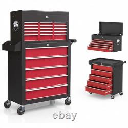 Coffre à outils roulant verrouillable armoire à roulettes 14 tiroirs stockage en acier rouge
