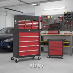 Coffre à outils roulant verrouillable armoire à roulettes 14 tiroirs stockage en acier rouge