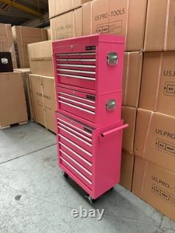 Coffre à outils sur roulettes en acier avec 19 tiroirs rose Us Pro Tools