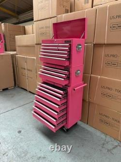 Coffre à outils sur roulettes en acier avec 19 tiroirs rose Us Pro Tools