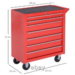 Coffre de rangement à outils sur roulettes pour garage ou atelier avec 7 tiroirs verrouillables, rouge