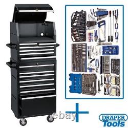 Ensemble d'outils Draper98885 pour atelier avec meuble à tiroirs à roulettes à 7 tiroirs et coffre à outils à 6 tiroirs.