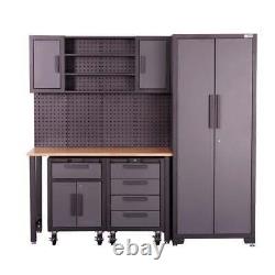 Établi de travail de rangement de garage SGS, 2 armoires à roulettes, étagères murales et armoire latérale