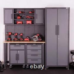 Établi de travail de rangement de garage SGS, 2 armoires à roulettes, étagères murales et armoire latérale