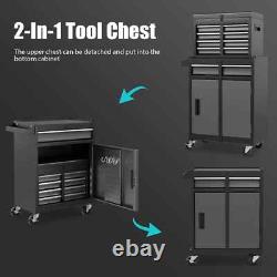 Grand coffre à outils roulant 2-en-1 avec cabinet à outils en métal détachable et 5 tiroirs