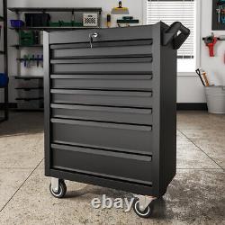 Grande boîte à outils noire avec roulettes, cabinet à tiroirs verrouillable