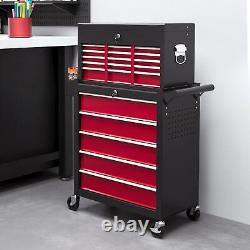 HOMCOM 19 Tiroir de Cabinet, Coffre à Outils en Deux Parties sur Roulettes Rouges