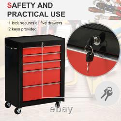 HOMCOM Armoire de rangement à outils en acier à 5 tiroirs avec serrure, roues, poignée et 2 clés, rouge