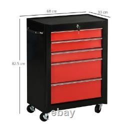 HOMCOM Armoire de rangement à outils en acier à 5 tiroirs avec verrou et roulettes Rouge