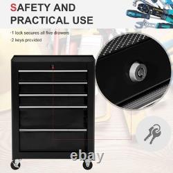 HOMCOM Armoire de rangement à outils en acier verrouillable à 5 tiroirs avec roues, poignée et 2 clés, noire