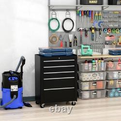 HOMCOM Armoire de rangement à outils en acier verrouillable à 5 tiroirs avec roues, poignée et 2 clés, noire
