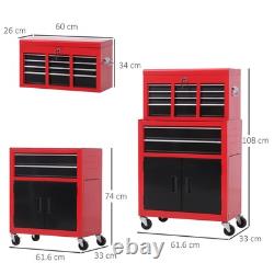 HOMCOM Coffre à outils, Armoire à outils en métal sur roues avec 6 tiroirs, panneau perforé, dessus