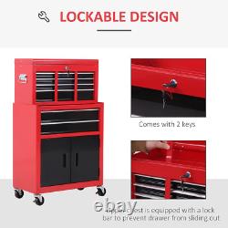 HOMCOM Coffre à outils, Cabinet à outils en métal sur roues avec 6 tiroirs, panneau perforé, dessus