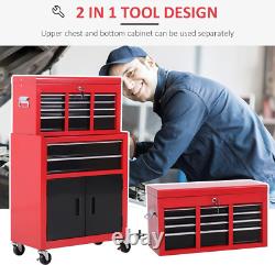 HOMCOM Coffre à outils, Cabinet à outils en métal sur roues avec 6 tiroirs, panneau perforé, dessus