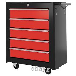 HOMCOM Coffre à outils à 5 tiroirs en acier, armoire de rangement verrouillable avec roues rouge