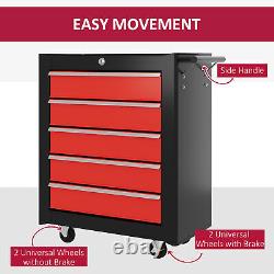 HOMCOM Coffre à outils à 5 tiroirs en acier, armoire de rangement verrouillable avec roues rouge