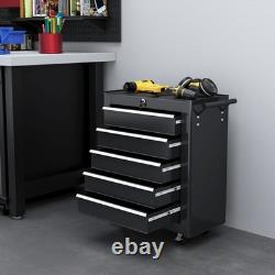 HOMCOM Coffre à outils à 5 tiroirs verrouillable sur roulettes, boîte de rangement en acier