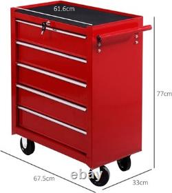 HOMCOM Coffre à outils en acier à 5 tiroirs verrouillable sur roulettes, armoire roulante rouge