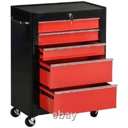 HOMCOM armoire de rangement à outils en acier à 5 tiroirs, verrouillable, avec roues, poignée, 2 clés, rouge