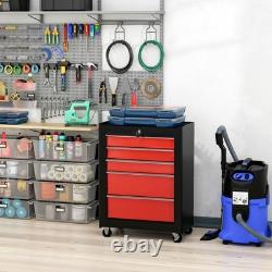 HOMCOM armoire de rangement à outils en acier à 5 tiroirs, verrouillable, avec roues, poignée, 2 clés, rouge