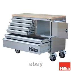 Hilka 48 Armoire à Outils en Acier Inoxydable à 6 Tiroirs en Gris avec Plan de Travail en Bois de Caoutchouc