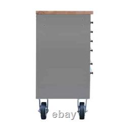 Hilka 48 Armoire à Outils en Acier Inoxydable à 6 Tiroirs en Gris avec Plan de Travail en Bois de Caoutchouc
