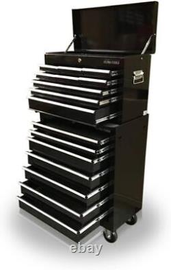 OUTILS PRO US Coffre à outils en acier abordable, armoire à roulettes avec 16 tiroirs (noir)