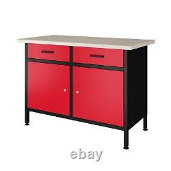 POLLOR Armoire de rangement en acier avec plan de travail de 120 cm, tiroirs à outils, garage, atelier, rouge