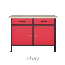 POLLOR Armoire de rangement en acier avec plan de travail de 120 cm, tiroirs à outils, garage, atelier, rouge