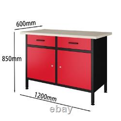 POLLOR Armoire de rangement en acier avec plan de travail de 120 cm, tiroirs à outils, garage, atelier, rouge