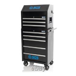 SGS Coffre à outils Pro 26 pouces avec 8 tiroirs et cabinet à roulettes, couvercle à vérin à gaz, prises de courant